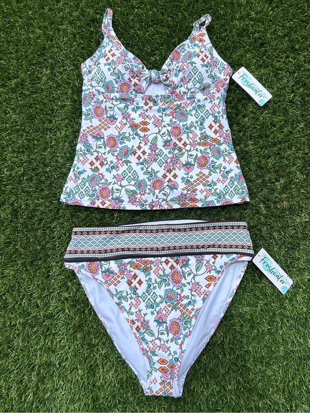 NWT Freahwater Floral Printed Tankini Set - White with Multicolor Floral